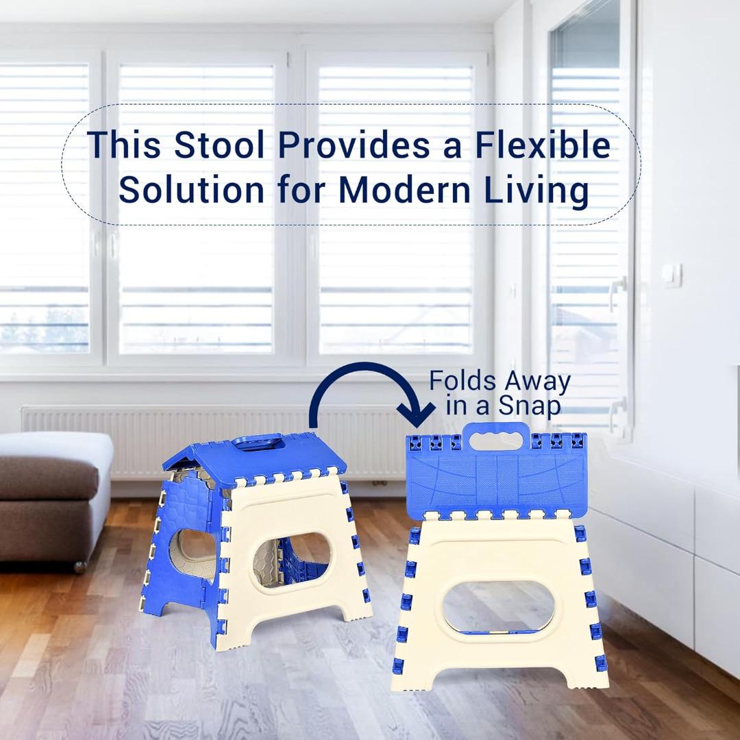 Foldable Step Stool with Handle - Space Saving Portable Ladder for Home & Kitchen (Blue & Beige)