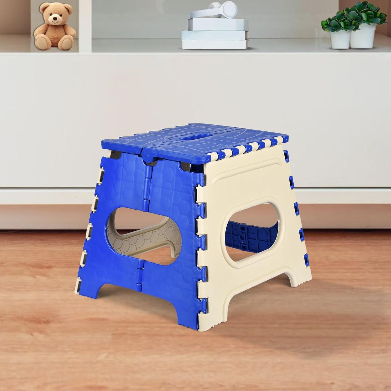 Foldable Step Stool with Handle - Space Saving Portable Ladder for Home & Kitchen (Blue & Beige)