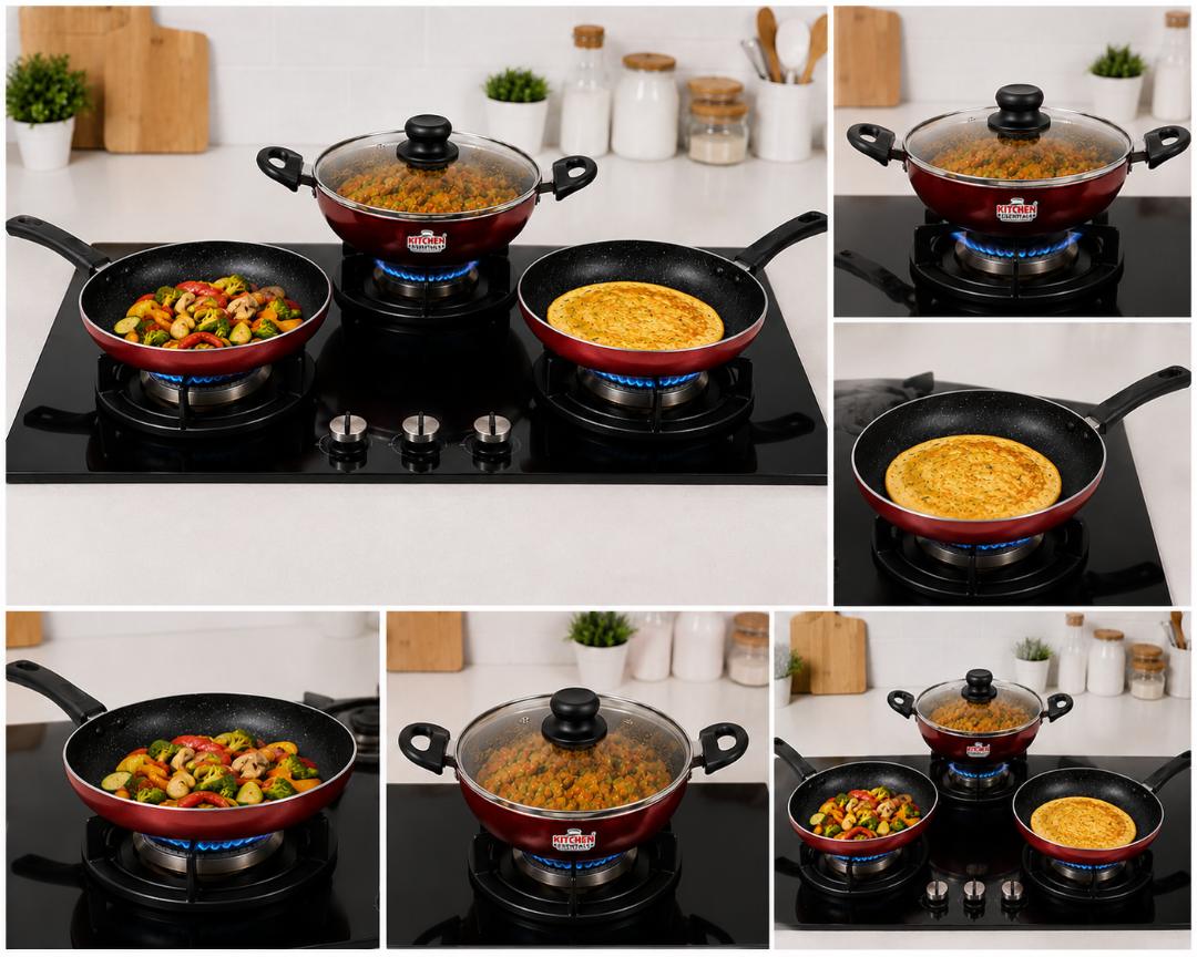 Forever 4 Pcs Nonstick Cookware Set | Kadai with Glass Lid, Fry Pan & Dosa Tawa | 3 Layer Nonstick Coating