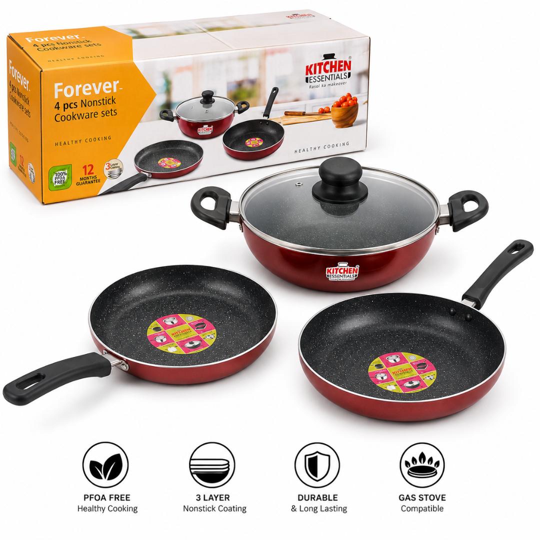Forever 4 Pcs Nonstick Cookware Set | Kadai with Glass Lid, Fry Pan & Dosa Tawa | 3 Layer Nonstick Coating