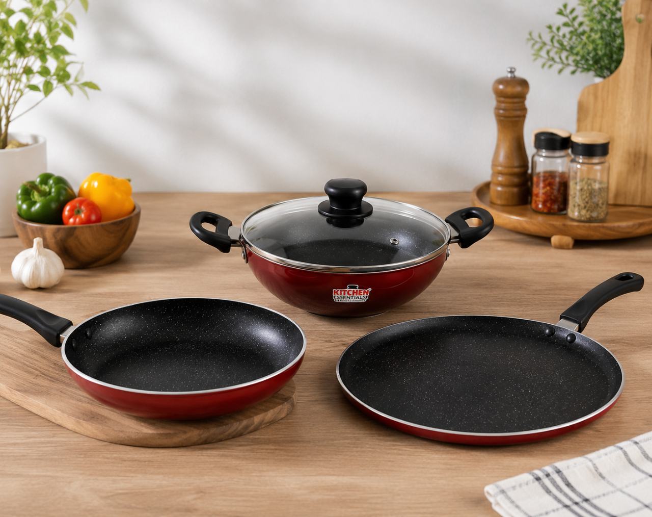 Forever 4 Pcs Nonstick Cookware Set | Kadai with Glass Lid, Fry Pan & Dosa Tawa | 3 Layer Nonstick Coating