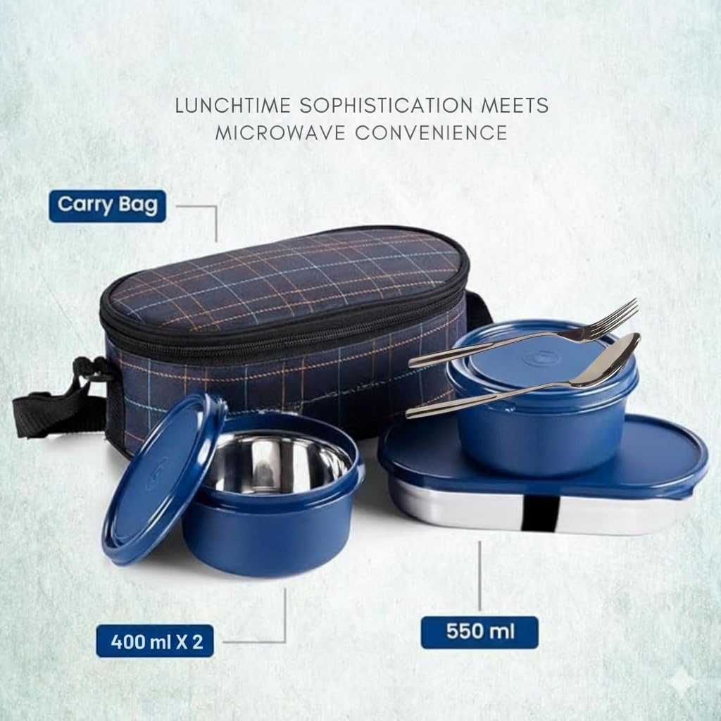 Insulated Lunch Bag Set with Stainless Steel Containers and Cutlery - Navy Blue
