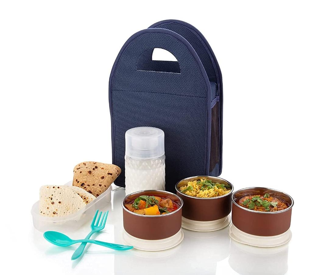 Insulated Lunch Bag Set with Stainless Steel Containers and Cutlery - Navy Blue