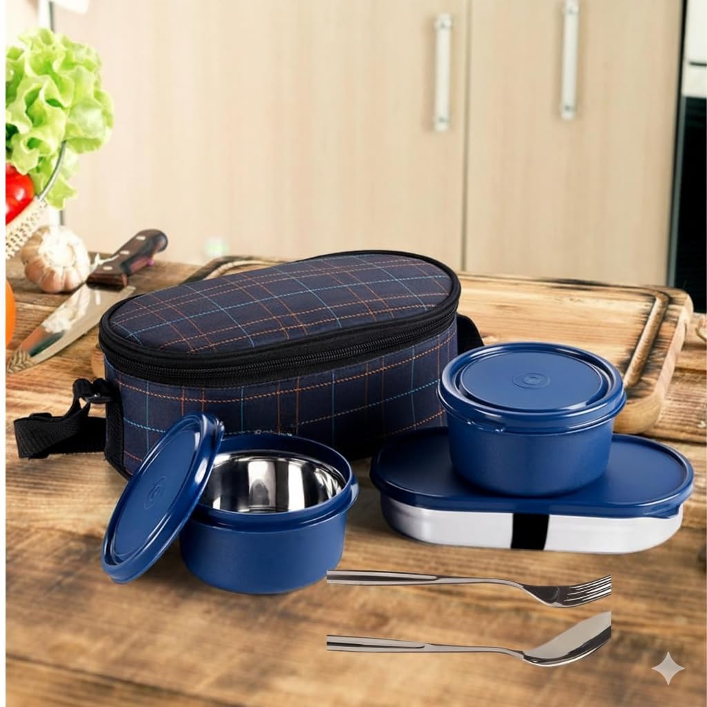Insulated Lunch Bag Set with Stainless Steel Containers and Cutlery - Navy Blue