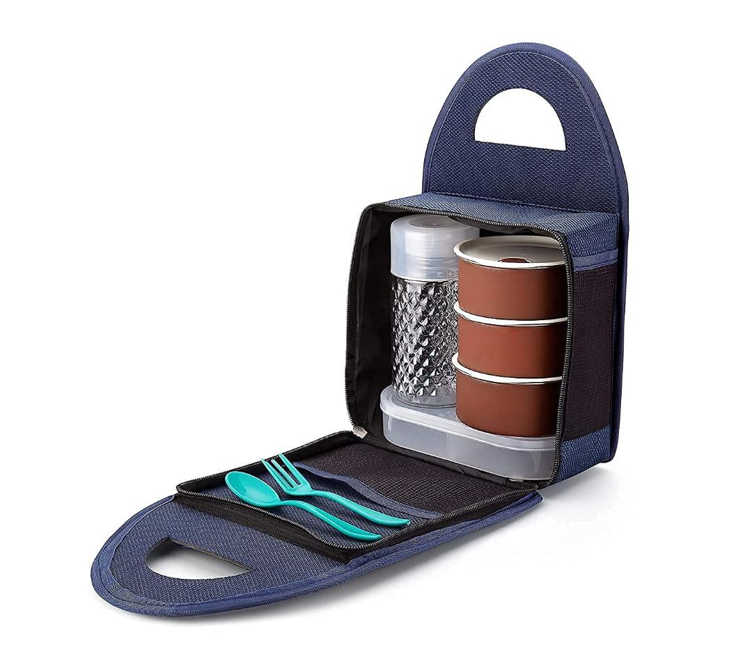 Insulated Lunch Bag Set with Stainless Steel Containers and Cutlery - Navy Blue