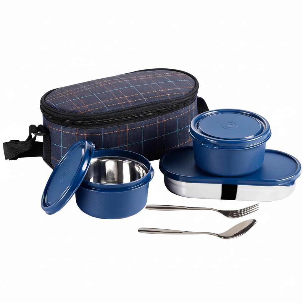 Insulated Lunch Bag Set with Stainless Steel Containers and Cutlery - Navy Blue