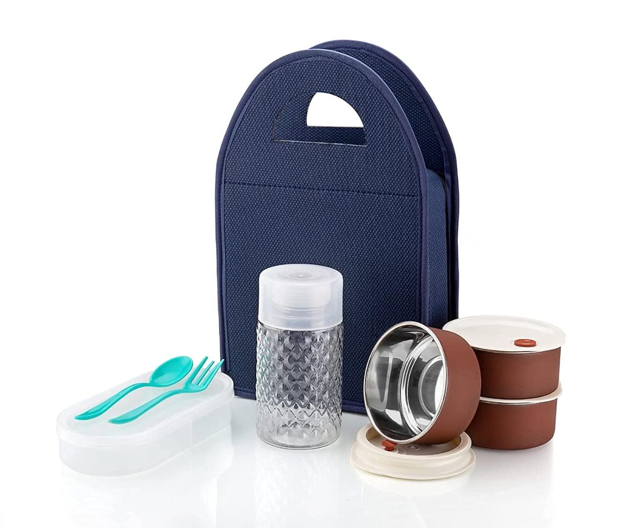 Insulated Lunch Bag Set with Stainless Steel Containers and Cutlery - Navy Blue