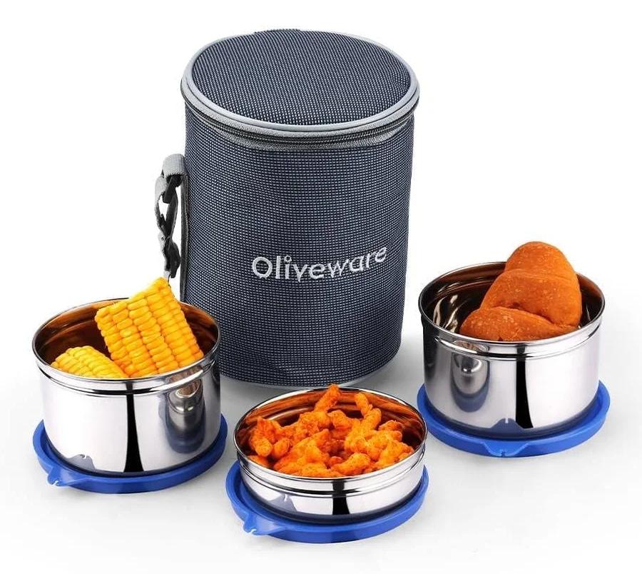 Insulated Lunch Box Set with Stainless Steel Containers, Spoon and Fork - Blue