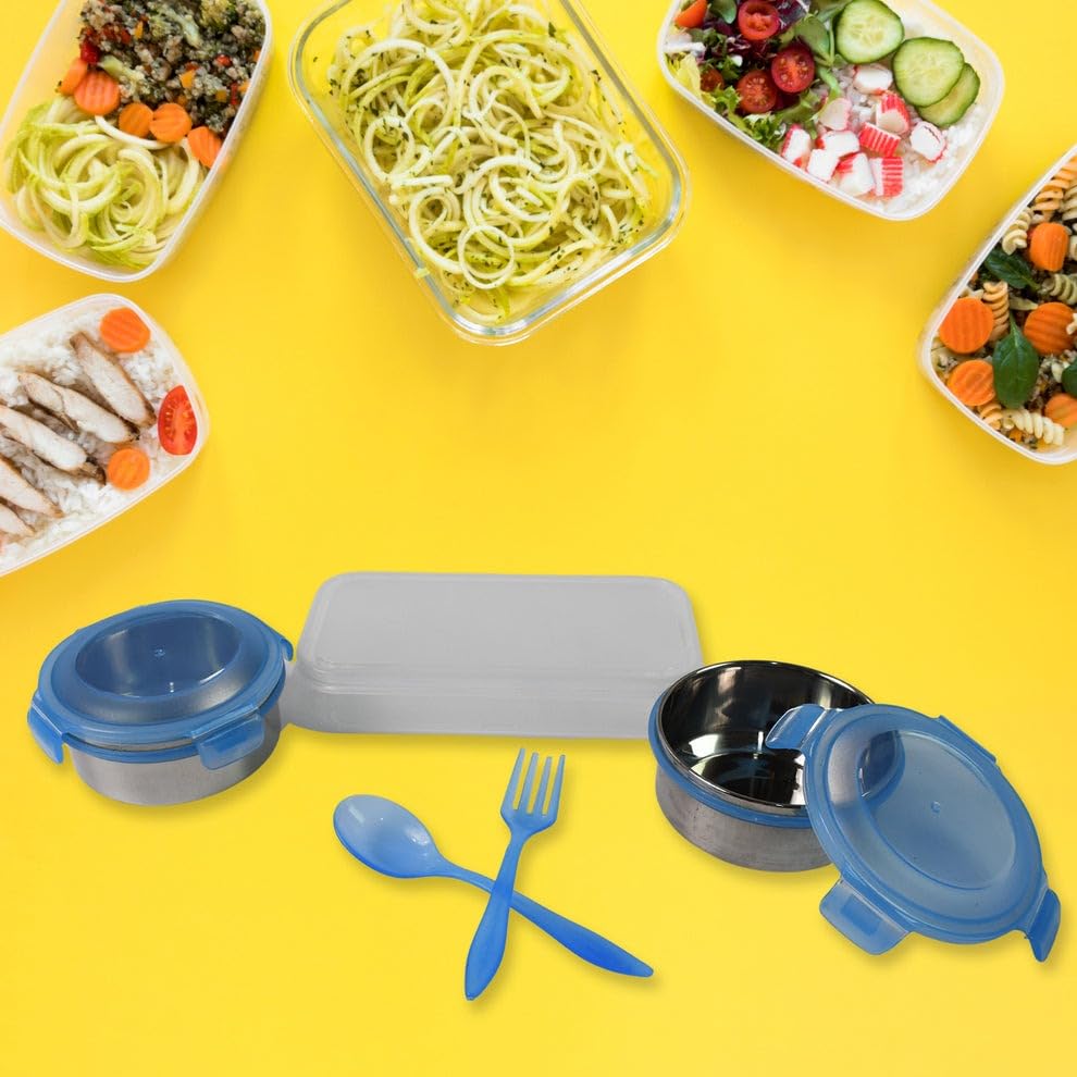Insulated Lunch Box Set with Stainless Steel Containers, Spoon and Fork - Blue