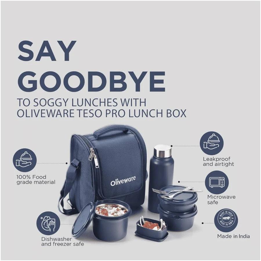 Insulated Lunch Box Set with Stainless Steel Containers, Spoon and Fork - Blue