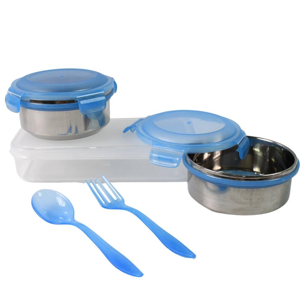 Insulated Lunch Box Set with Stainless Steel Containers, Spoon and Fork - Blue
