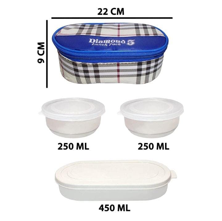 Insulated Lunch Box with 2 Stainless Steel Containers - Blue Checkered Pattern