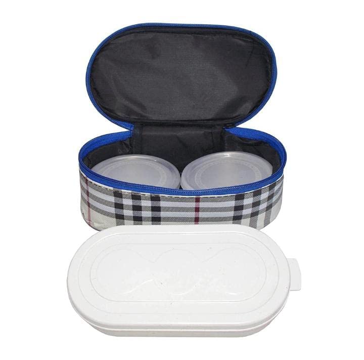 Insulated Lunch Box with 2 Stainless Steel Containers - Blue Checkered Pattern
