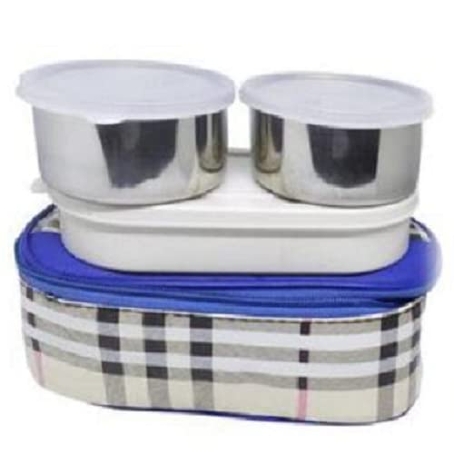 Insulated Lunch Box with 2 Stainless Steel Containers - Blue Checkered Pattern