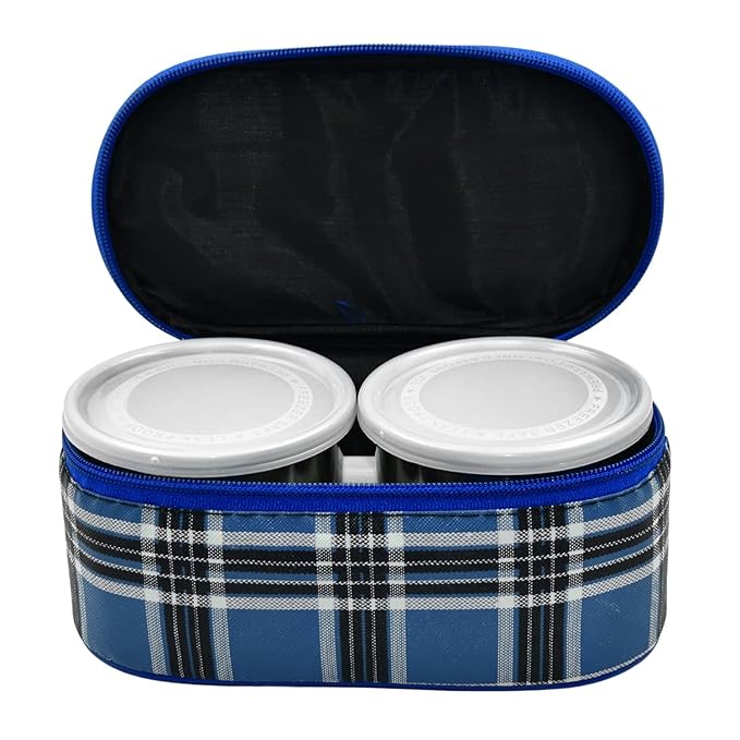 Insulated Lunch Box with 2 Stainless Steel Containers - Blue Checkered Pattern