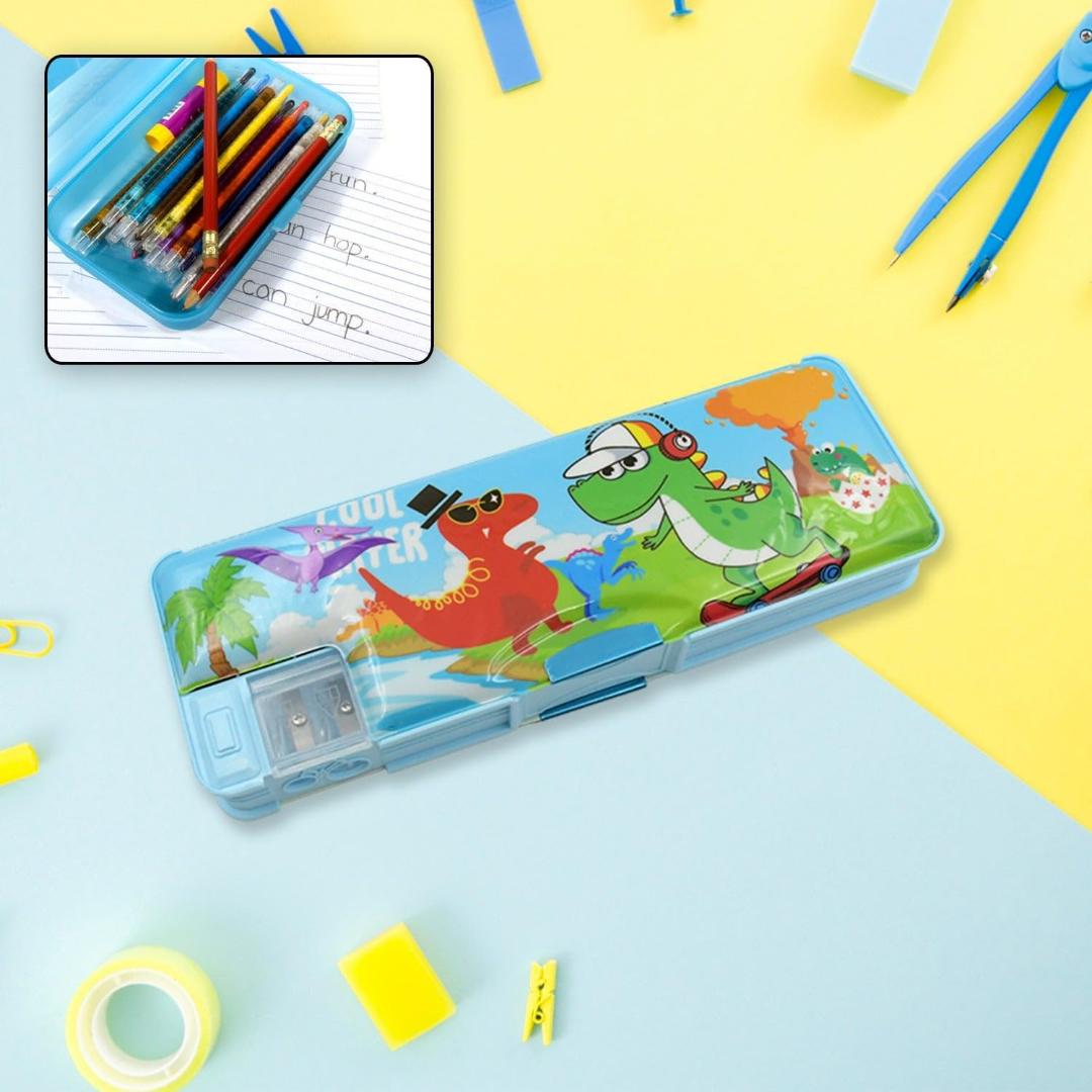 Kids Dinosaur & Cartoon Character Printed Pencil Box - Blue Multi-Compartment Stationery Case