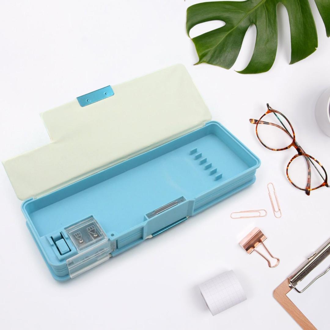 Kids Dinosaur & Cartoon Character Printed Pencil Box - Blue Multi-Compartment Stationery Case