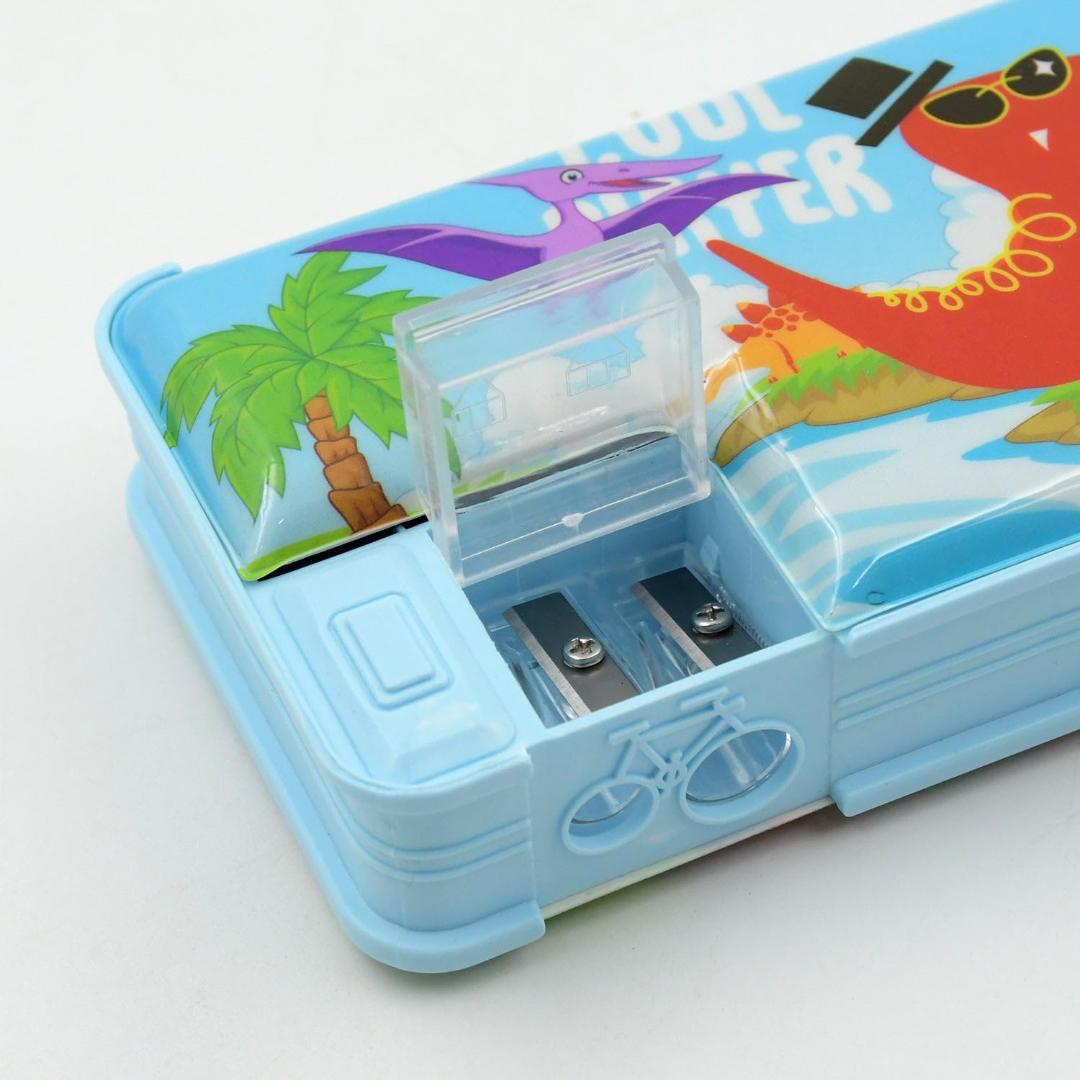 Kids Dinosaur & Cartoon Character Printed Pencil Box - Blue Multi-Compartment Stationery Case
