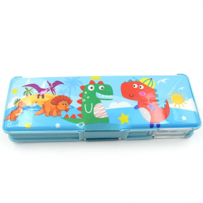 Kids Dinosaur & Cartoon Character Printed Pencil Box - Blue Multi-Compartment Stationery Case