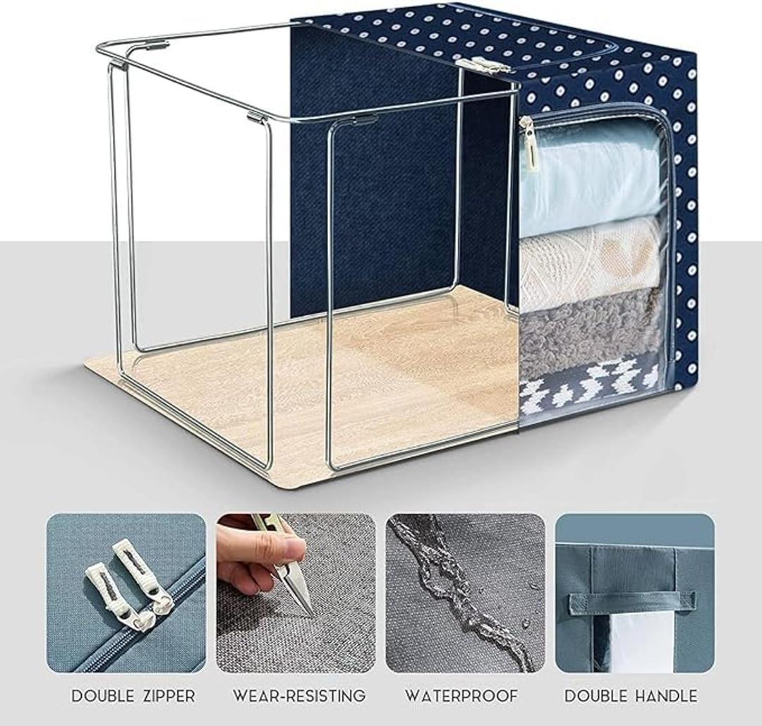 Large Collapsible Fabric Storage Box with Steel Frame and Dual Zipper Access