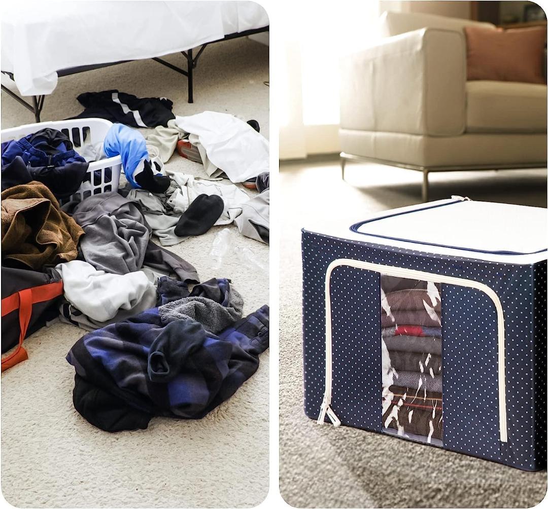 Large Collapsible Fabric Storage Box with Steel Frame and Dual Zipper Access