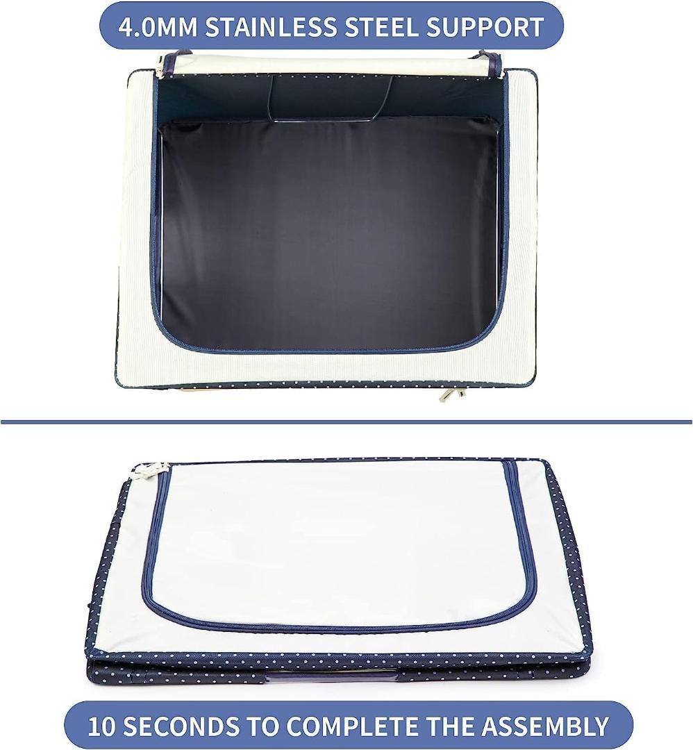 Large Collapsible Fabric Storage Box with Steel Frame and Dual Zipper Access