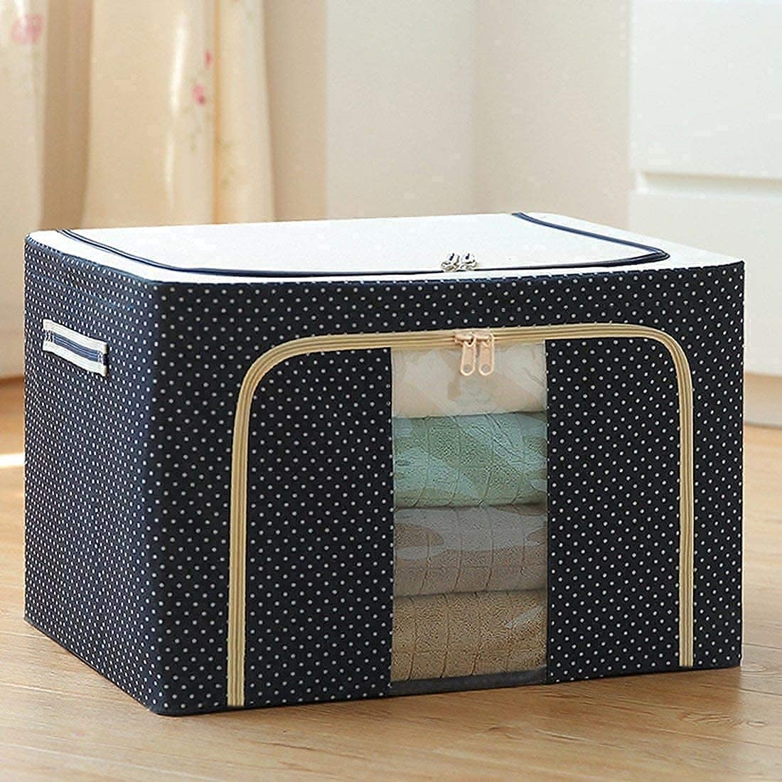 Large Collapsible Fabric Storage Box with Steel Frame and Dual Zipper Access