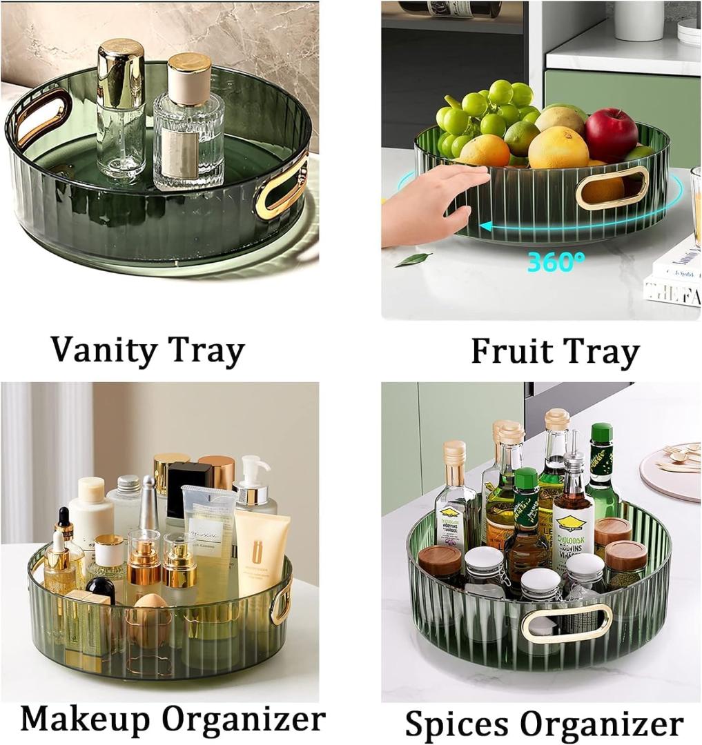 Light Luxury Green Glass Round Tray with Gold Handles - 22cm Organizer