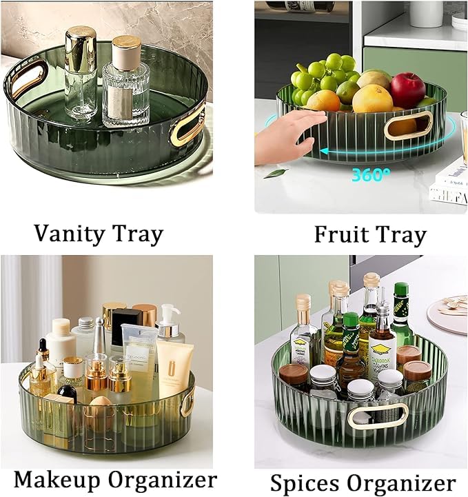 Light Luxury Green Glass Round Tray with Gold Handles - 22cm Organizer