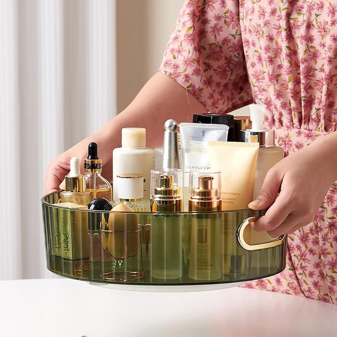 Light Luxury Green Glass Round Tray with Gold Handles - 22cm Organizer