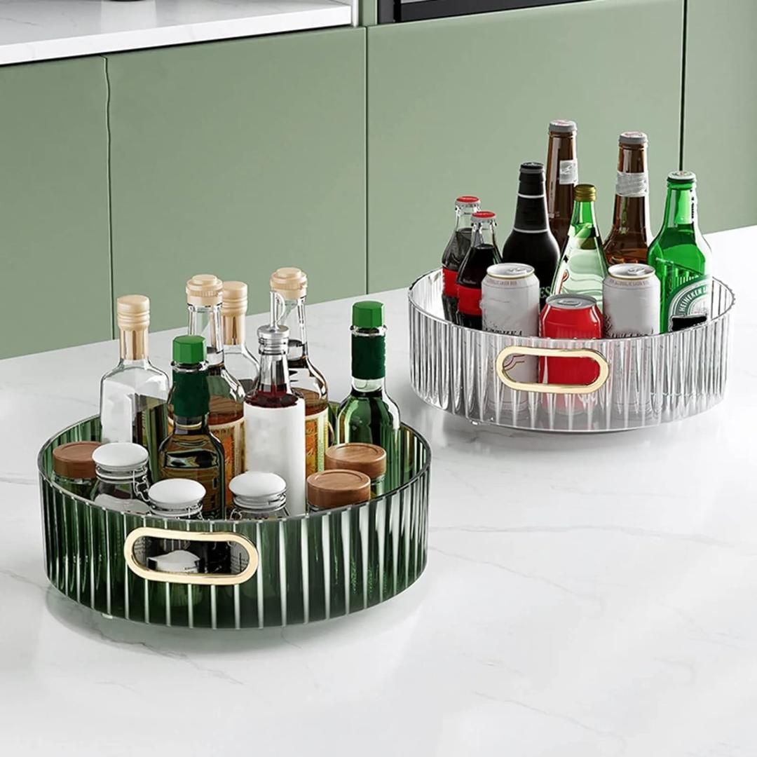 Light Luxury Green Glass Round Tray with Gold Handles - 22cm Organizer