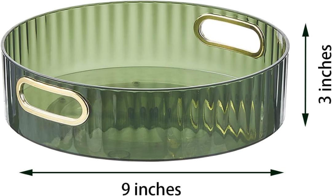 Light Luxury Green Glass Round Tray with Gold Handles - 22cm Organizer