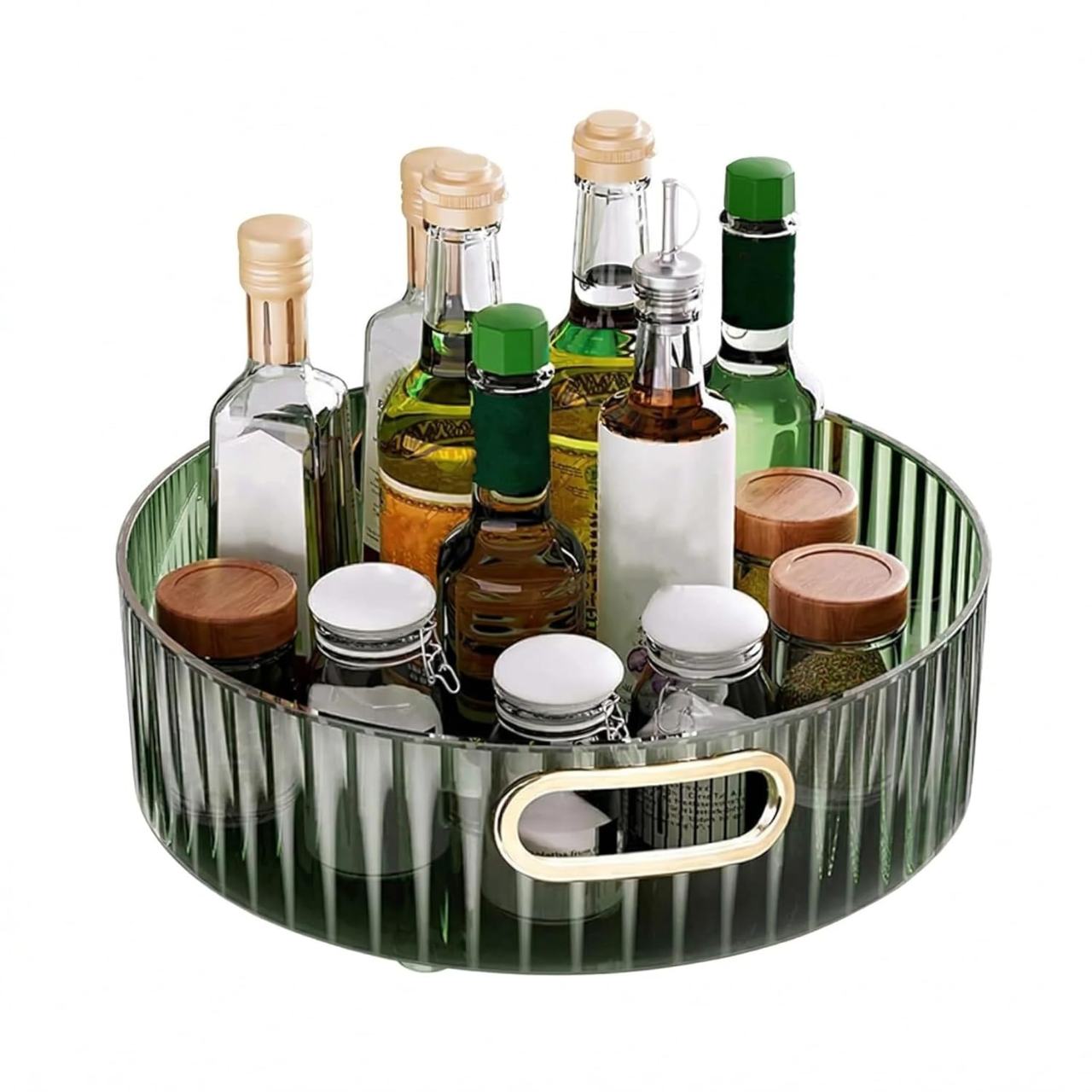 Light Luxury Green Glass Round Tray with Gold Handles - 22cm Organizer