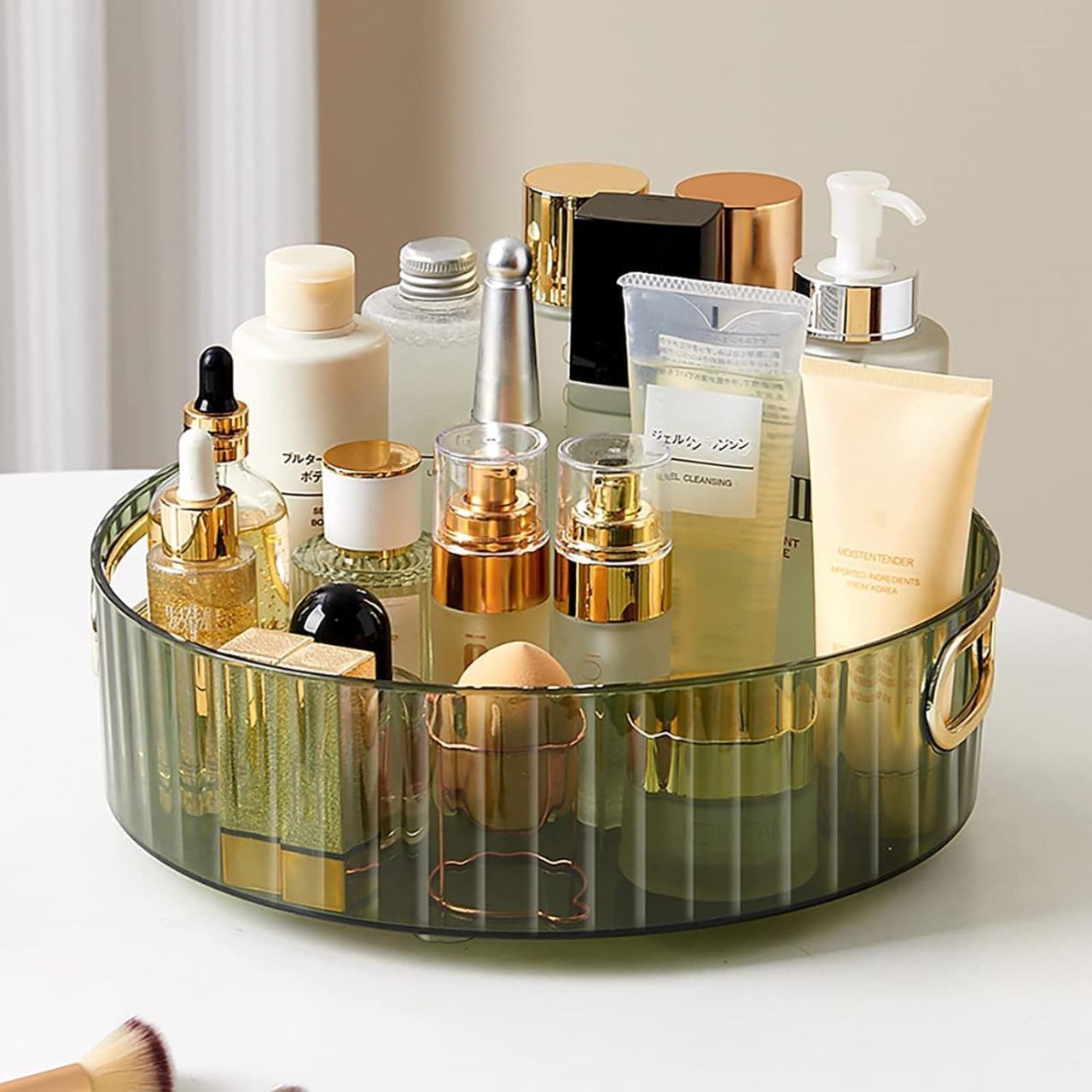 Light Luxury Green Glass Round Tray with Gold Handles - 22cm Organizer
