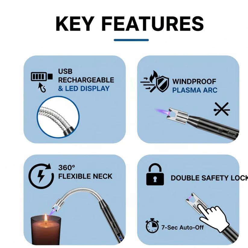 Long Flexible USB Rechargeable Electric Arc Lighter – Windproof & Flameless