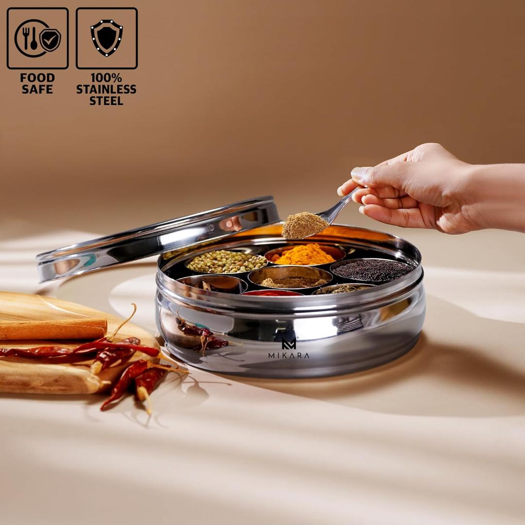 Lotus Masala Dabba Set with 7 Stainless Steel Bowls & Spoon