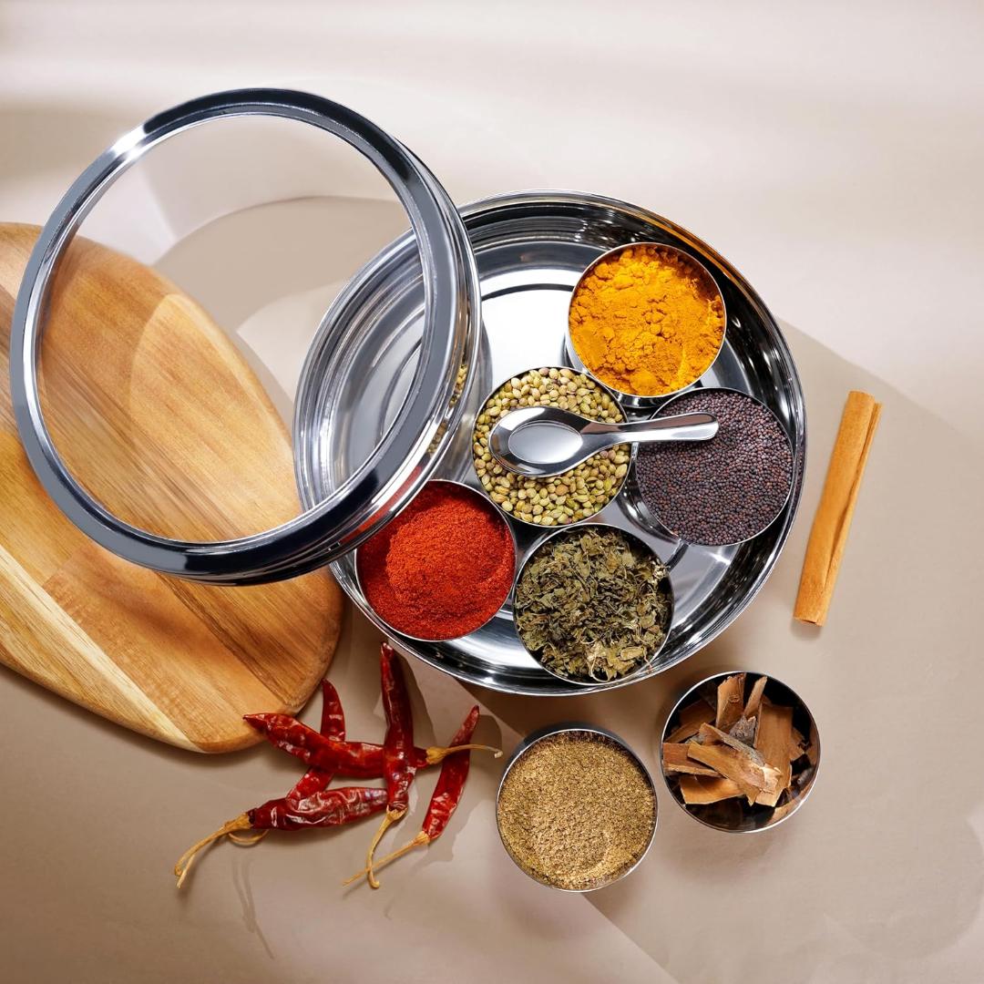 Lotus Masala Dabba Set with 7 Stainless Steel Bowls & Spoon