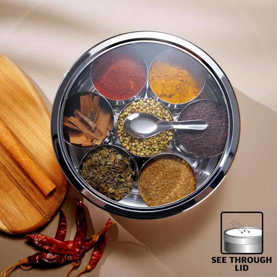 Lotus Masala Dabba Set with 7 Stainless Steel Bowls & Spoon