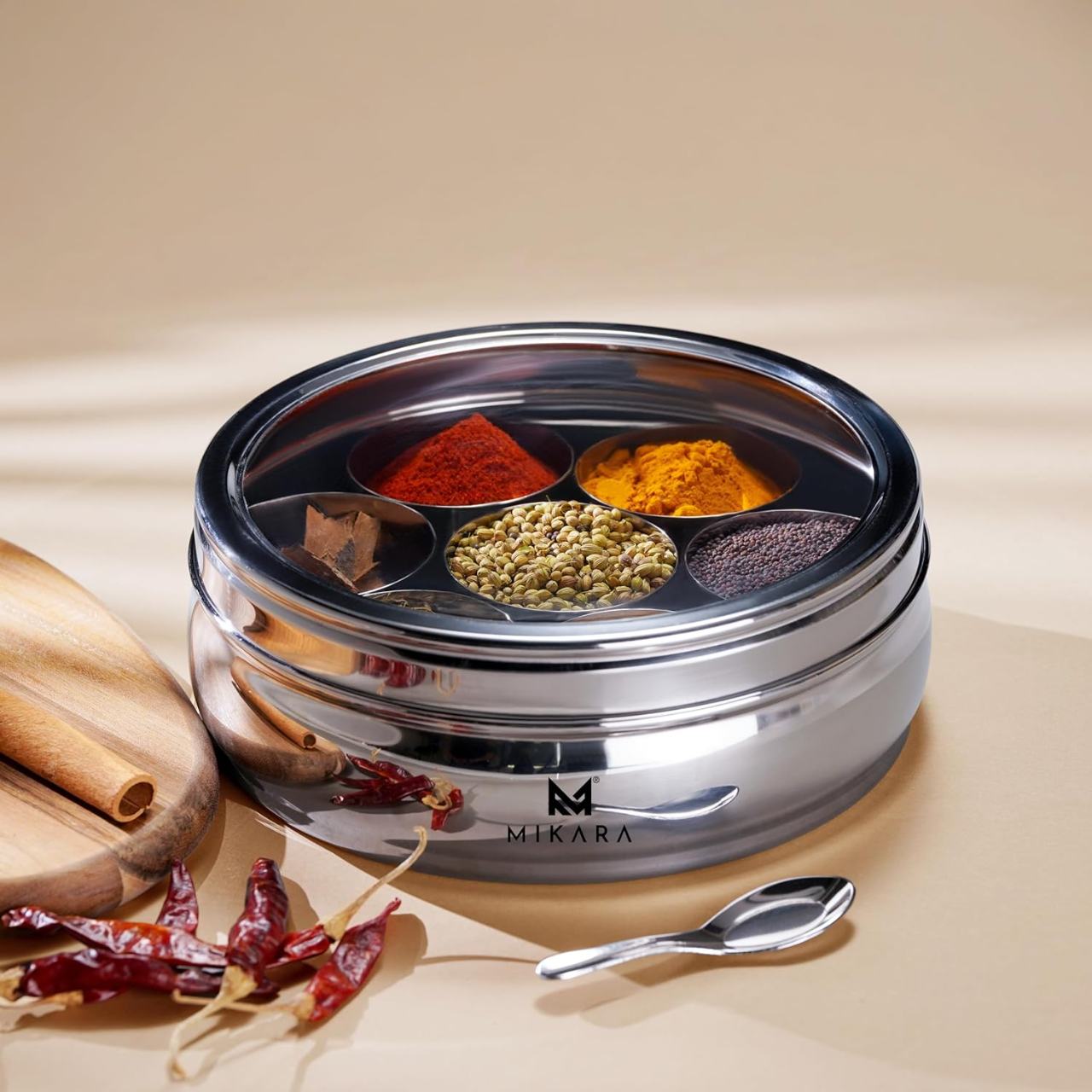 Lotus Masala Dabba Set with 7 Stainless Steel Bowls & Spoon