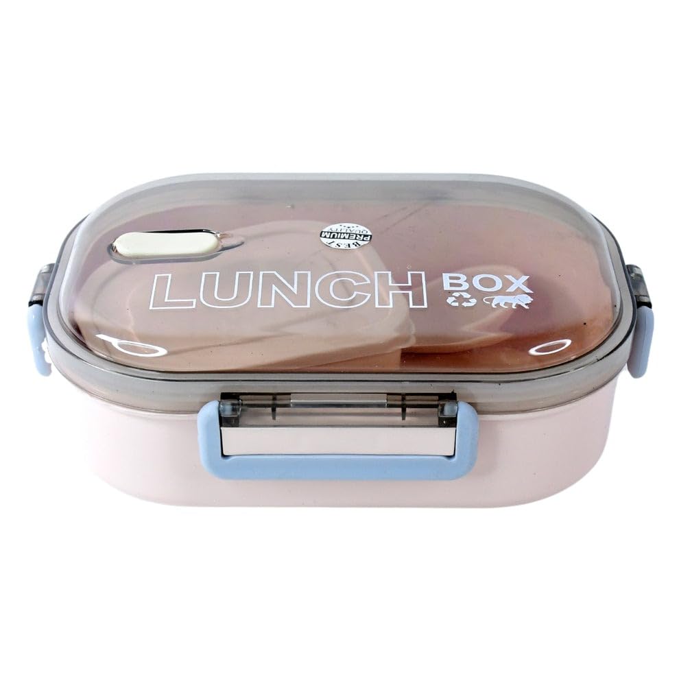 Lunch Box with Transparent Lid and Spoon Set - Pink & Grey