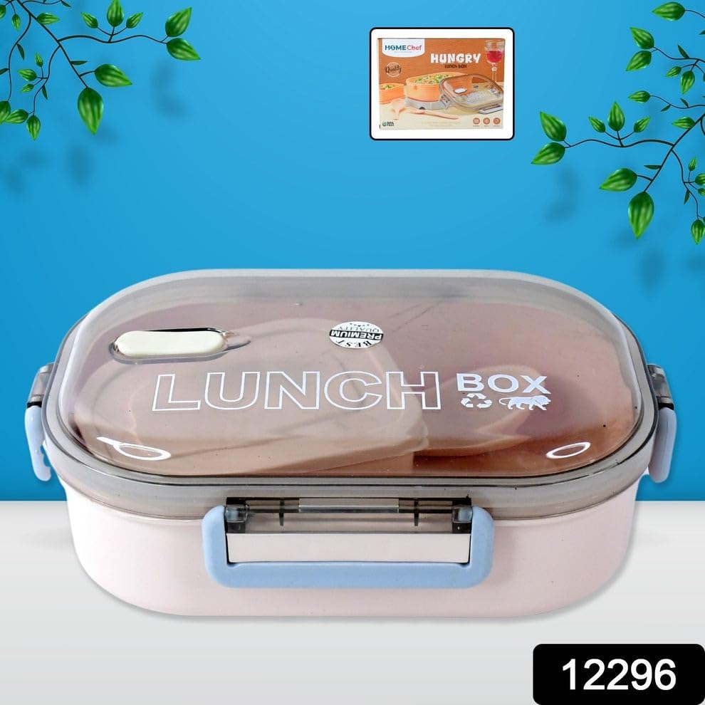 Lunch Box with Transparent Lid and Spoon Set - Pink & Grey
