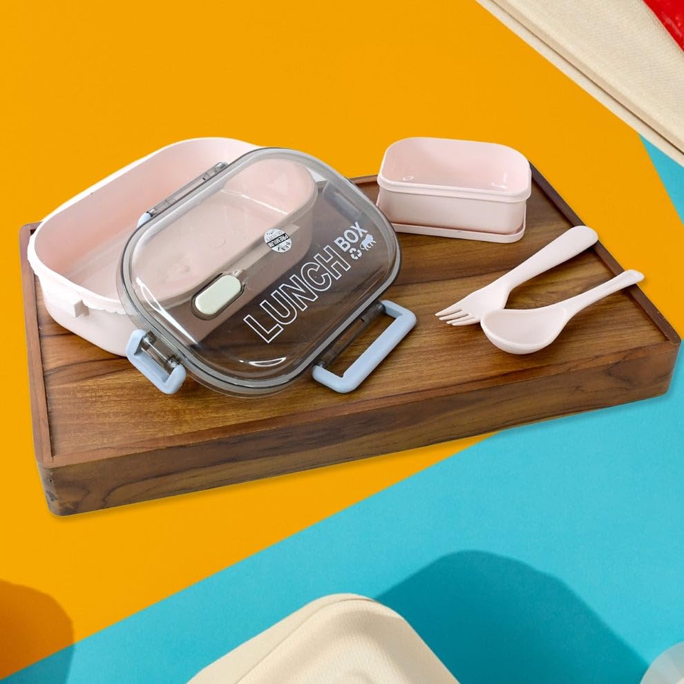 Lunch Box with Transparent Lid and Spoon Set - Pink & Grey