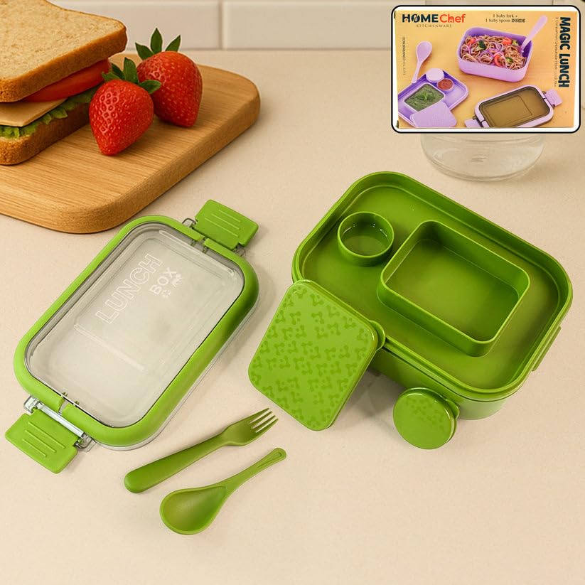 Magic Lunch Box with Leakproof Compartments & Spoon-Fork Set