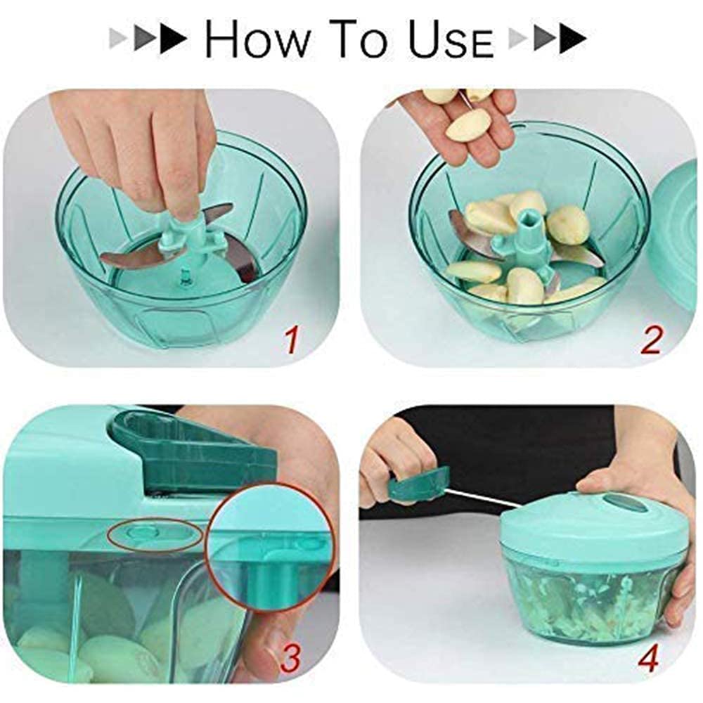 Manual Pull-Cord Vegetable Chopper with Transparent Bowl - Turquoise