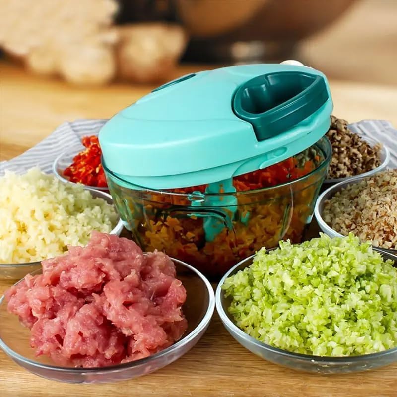 Manual Pull-Cord Vegetable Chopper with Transparent Bowl - Turquoise