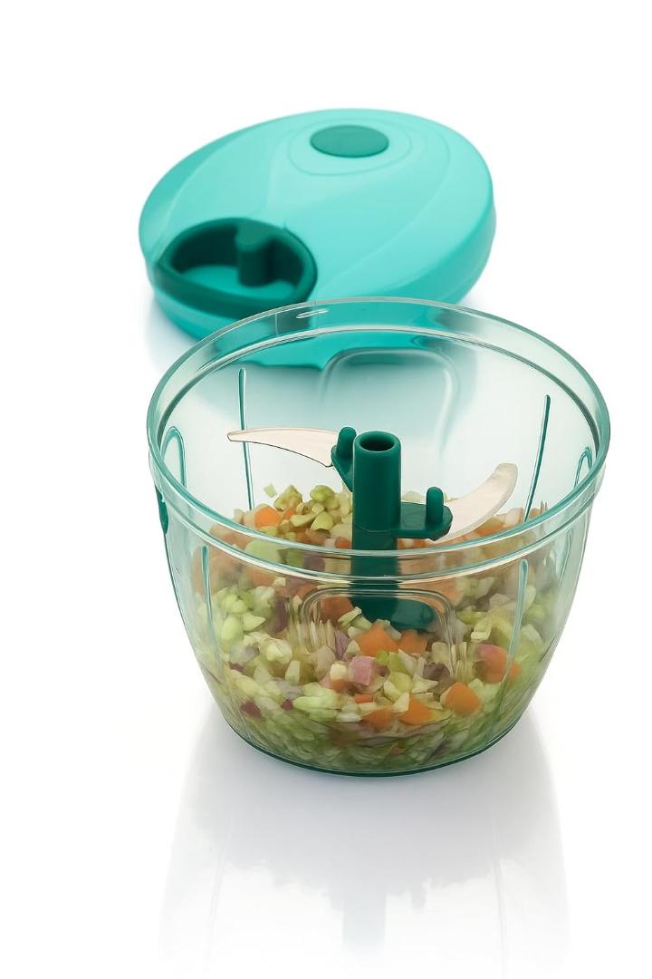 Manual Pull-Cord Vegetable Chopper with Transparent Bowl - Turquoise