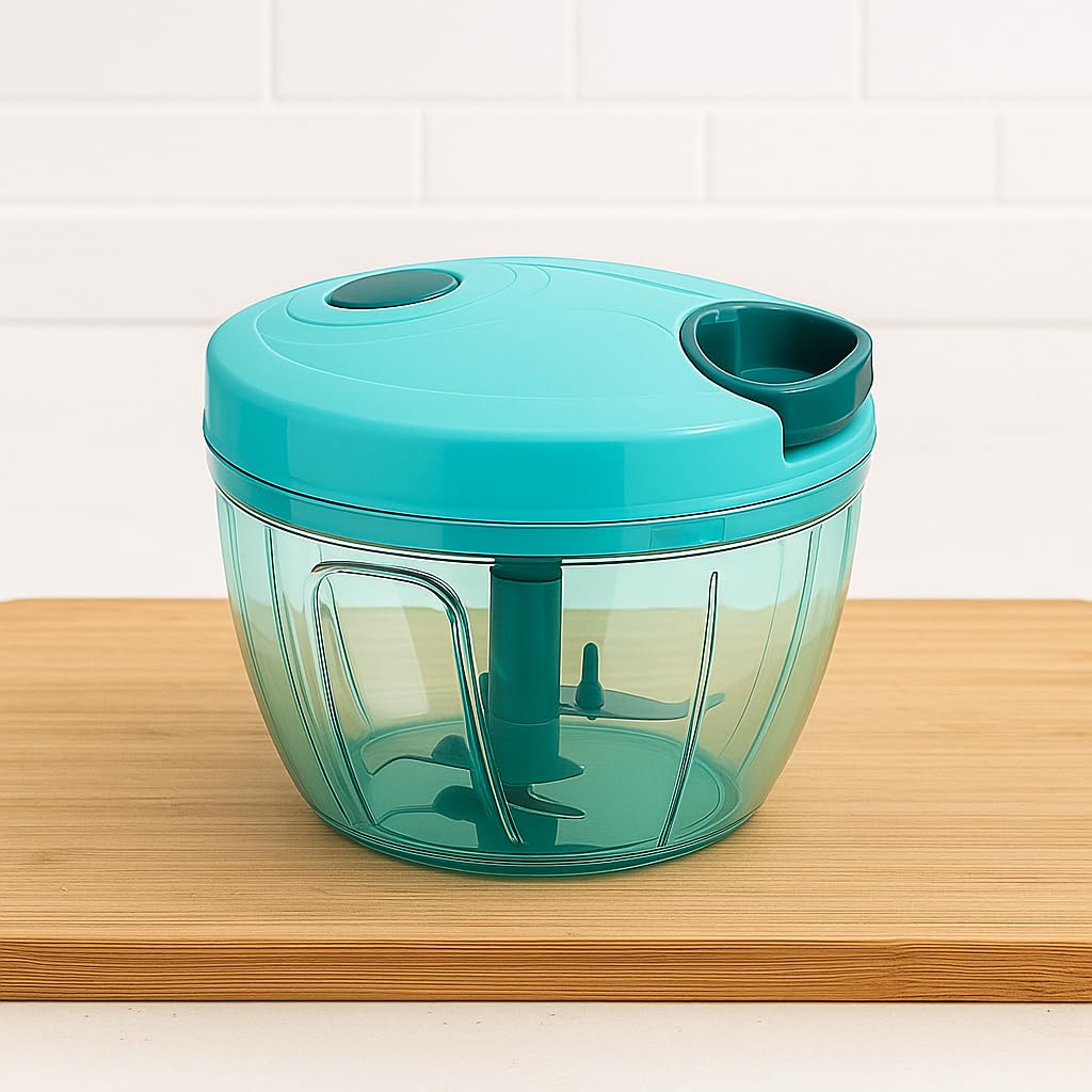 Manual Pull-Cord Vegetable Chopper with Transparent Bowl - Turquoise