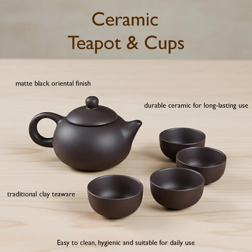 Matte Black Ceramic Tea Set with Teapot & 4 Cups