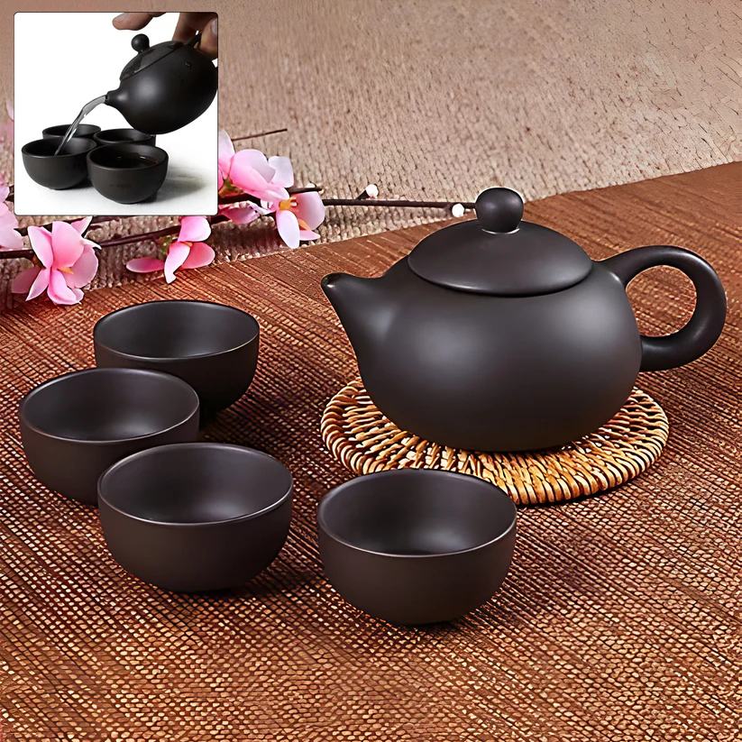 Matte Black Ceramic Tea Set with Teapot & 4 Cups