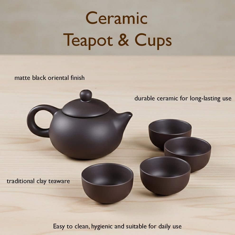 Matte Black Ceramic Tea Set with Teapot & 4 Cups
